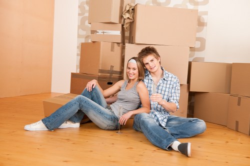 Moving day with boxes and furniture in transit