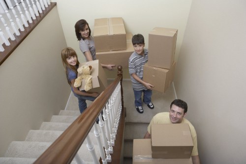 Boxes and office equipment prepared for a Chelsea business relocation